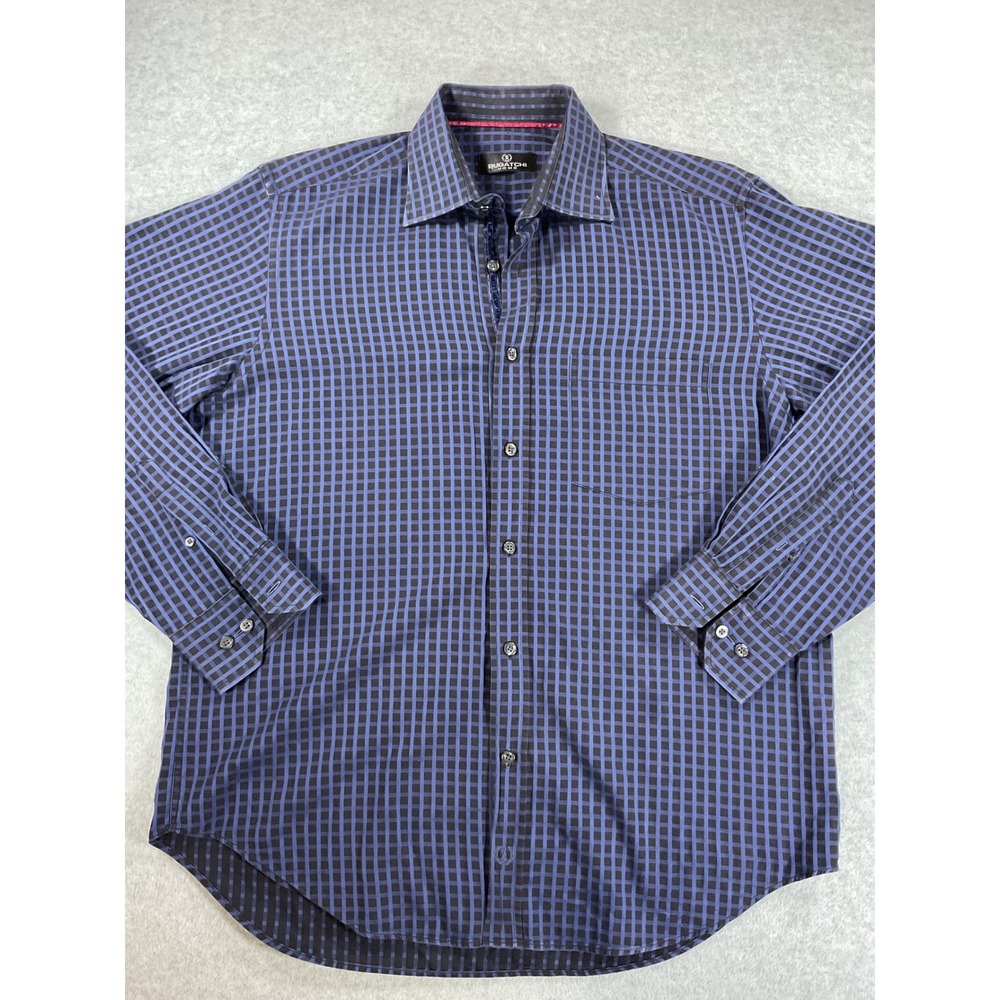 Bugatchi Uomo Mens Large Navy Blue Black Grid Long Sleeve Button Down Shirt 2612